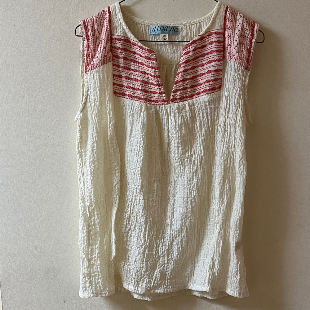 Cream and Red Textured Blouse